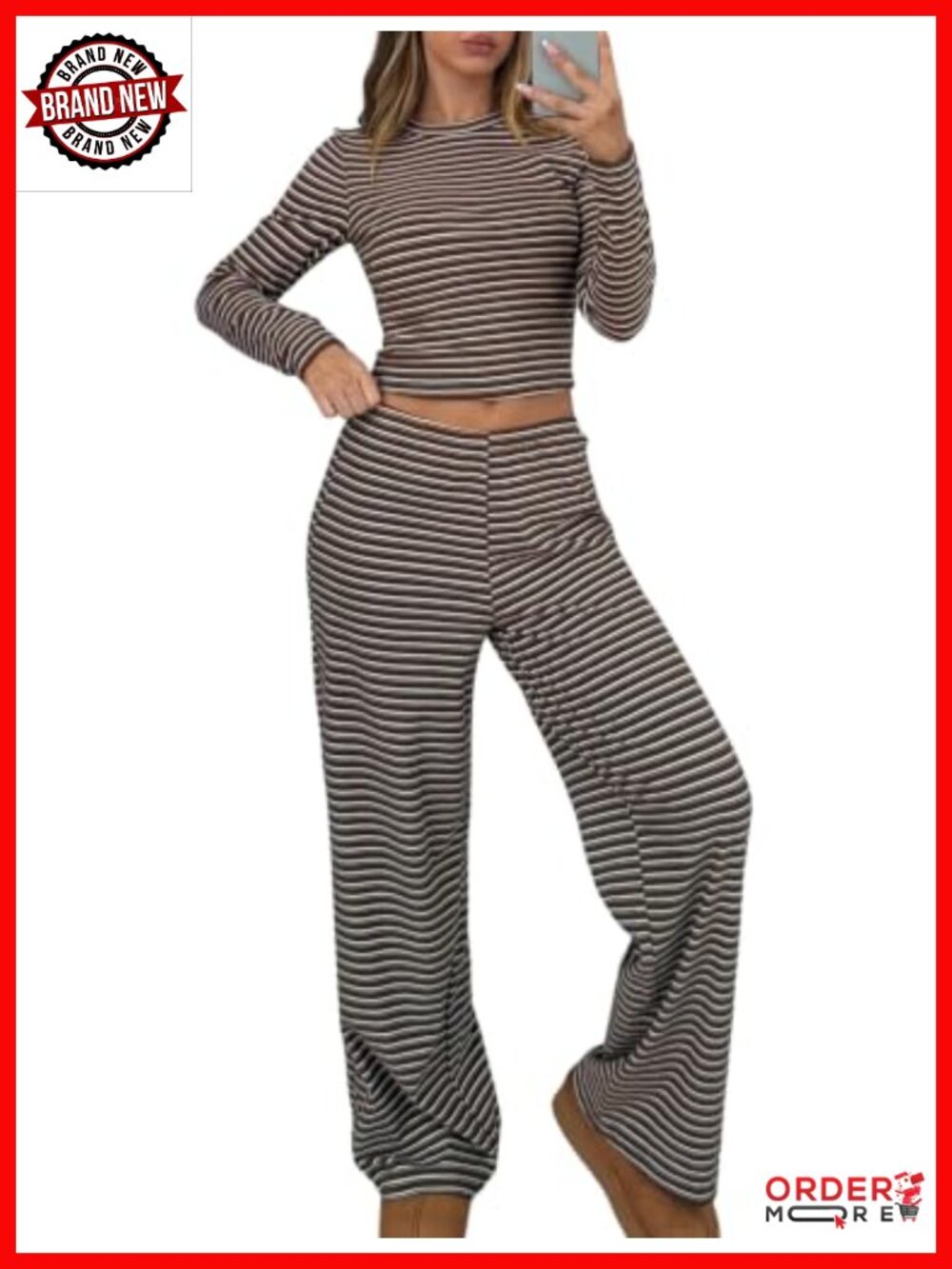 Womens 2 Piece Striped Lounge Set Long Sleeve Wide Leg Pants Pajamas